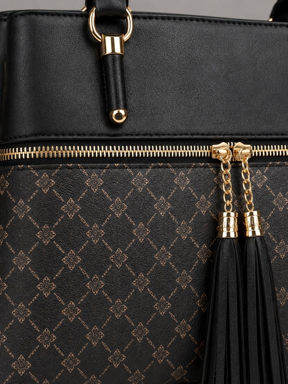 Women’s Black Satchel Handbag Crossbody Purse Gold Hardware Tassel 3 Compartment - Picture 6 of 6